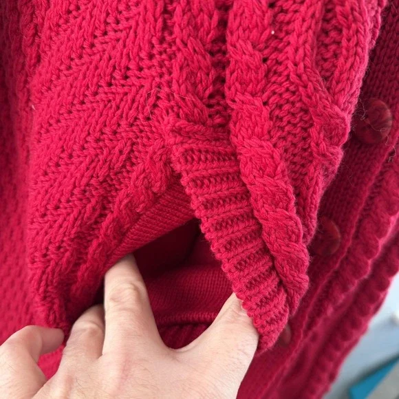 Aran Crafts Long Cardigan Sweater Womens L Red Wool Cable Knit Ireland Fisherman - Picture 7 of 16